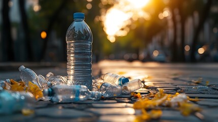 Reusable Water Bottle Alongside Discarded Plastic Bottles Symbolizing Shift Away from Single Use Plastics