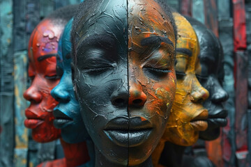 Artistic representation showcasing the impact of racism through diverse painted faces in a gallery
