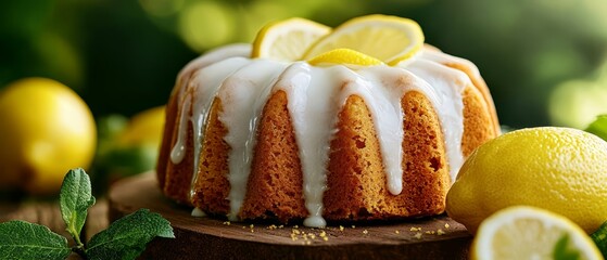  A lemon bundt cake with icing, garnished with lemons, on a weathered wooden board Surrounded by leaves and additional lemons