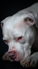 Obraz premium A tight shot of a white dog reclining on a black surface, its head supported by its paws