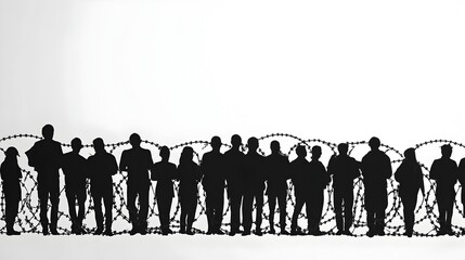Silhouetted Crowd Symbolizing Refugee and Immigrant Issues at Barbed Wire Border