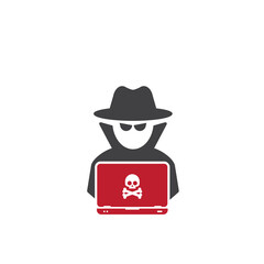 Hacker at laptop icon. Flat illustration of hacker at laptop vector icon for web design. Format PNG
