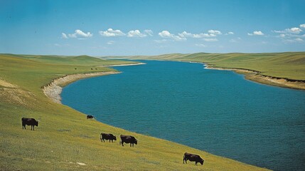 Obraz premium Cattle Grazing Near a Serpentine River in a Grassy Valley