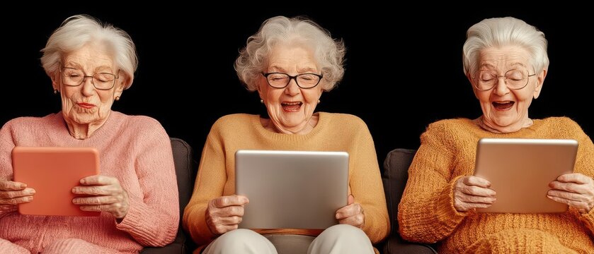 Group of elderly friends gathered in a living room, each using a different gadget laptop, tablet, smartphone while laughing and engaging in conversation