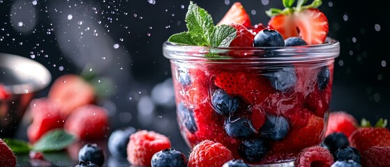  A mason jar holds berries - strawberries and blues - surrounded by mint Water sprinkles above; dark table, more strawberries, blueberries nearby