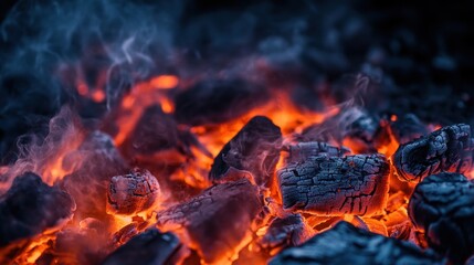 Fototapeta premium Glowing embers and ash with smoke, evoking warmth and the remnants of a fire.
