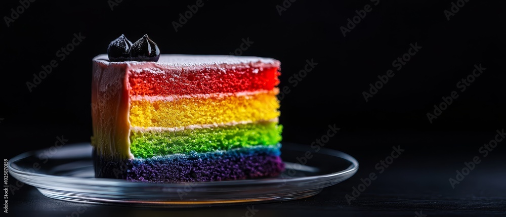 Wall mural  A tight shot of a cake slice on a plate, showcasing a rainbow-hued cake in its center