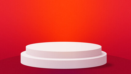 Red colour background. realistic white cylinder pedestal podium. vector rendering geometric forms design. minimal scene. production stage showcase, mockup product display.
