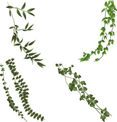 A collection of four distinct green vine illustrations featuring various leaf shapes and sizes. The vines showcase a natural, organic design, perfect for botanical themes.