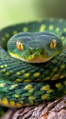 Fototapeta premium green snake exhibiting yellow spots on its head