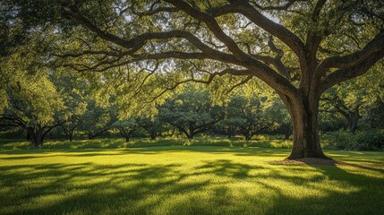 Fototapeta premium A large oak tree with a canopy of leaves casting dappled sunlight on the green grass beneath it.