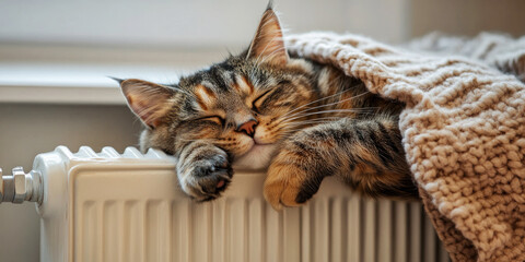 A brown tabby cat rests on a white radiator, wrapped in a soft beige blanket, enjoying the warmth near a window..
