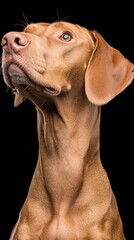  A tight shot of a dog's expressive face, mouth agape, against a black backdrop