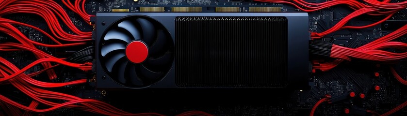 Obraz premium High-performance graphics card with red cables on black background, ideal for gaming and graphic rendering.