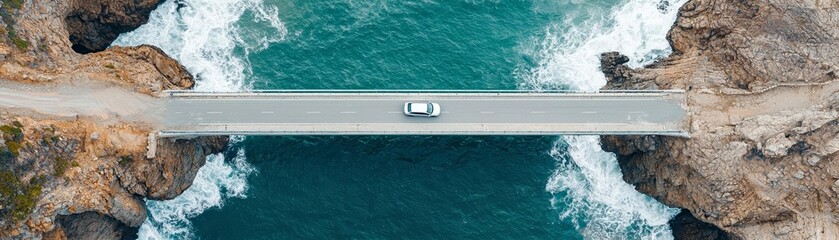 Obraz premium Dramatic aerial perspective of a car driving across a sea bridge, framed by the rugged cliffs and swirling ocean waters, ideal for themes of isolation and discovery