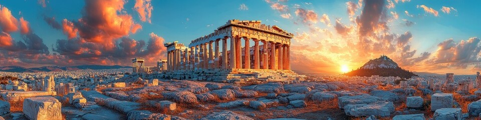 Panoramic view of the Parthenon at sunset, highlighting ancient architecture and vibrant sky.