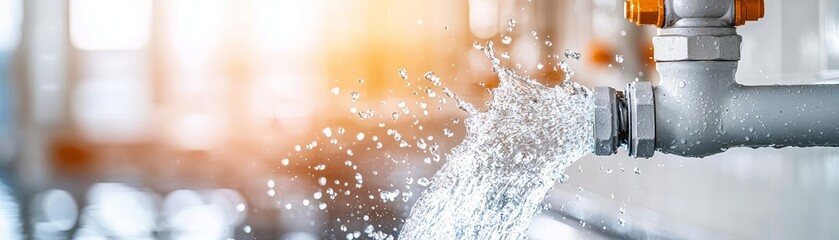 Dramatic image of water forcefully splashing from a broken pipe, illustrating the urgency of plumbing repairs, highlighting maintenance and service needs