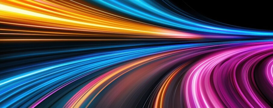 Colorful light trails on a dark background, representing speed and motion.