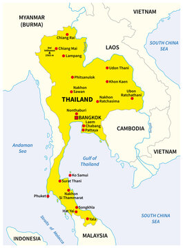 Simple yellow overview map of Thailand