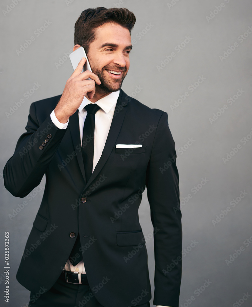Leinwandbilder business, man and happy with phone call in studio for contract negotiation, communication or network