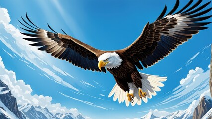 Fototapeta premium An eagle soaring majestically against a clear blue sky with snowy mountains in the background.