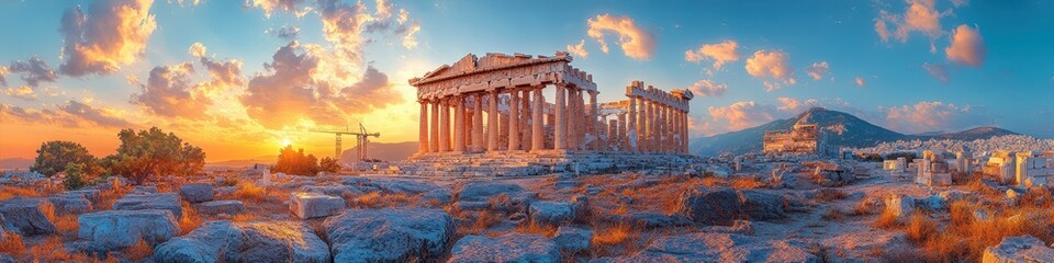 Obraz premium Sunset view of the ancient Parthenon in Athens, framed by a vibrant sky and distant cityscape.