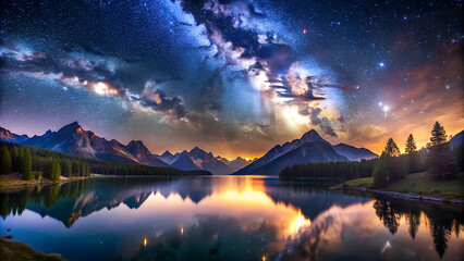 The Milky Way in the night sky over beautiful mountains and lakes.