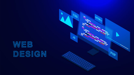 Web development and programming concept with computer isometric. UI UX design of website and mobile app builder on dark blue background