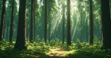 Serene forest with tall pine trees, sunlight streaming through the canopy