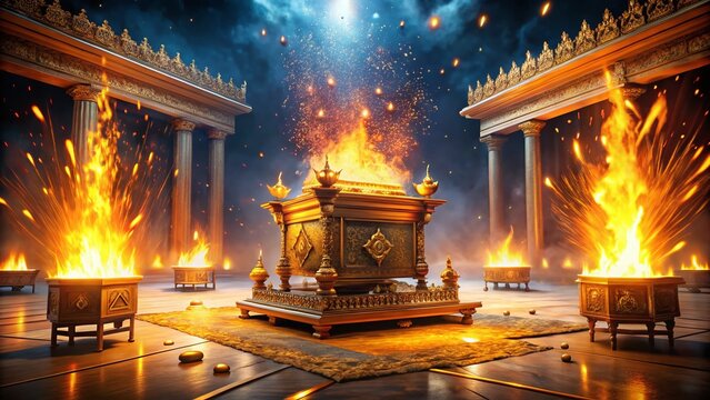 Night Photography of Altar of Incense in Tabernacle Sanctuary During Day of Atonement with Fiery Explosions for