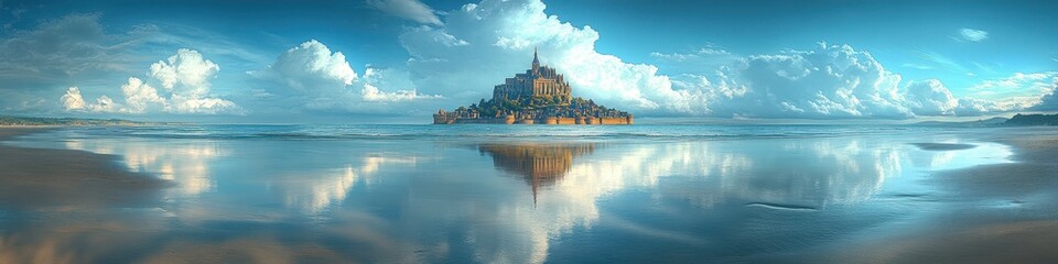 Naklejka premium Enchanting island fortress reflected in tranquil waters under a vast blue sky with clouds.