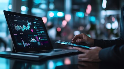 Fototapeta premium A person's hands are shown working on a laptop and tablet with charts and graphs. The background is a blurred city lights.