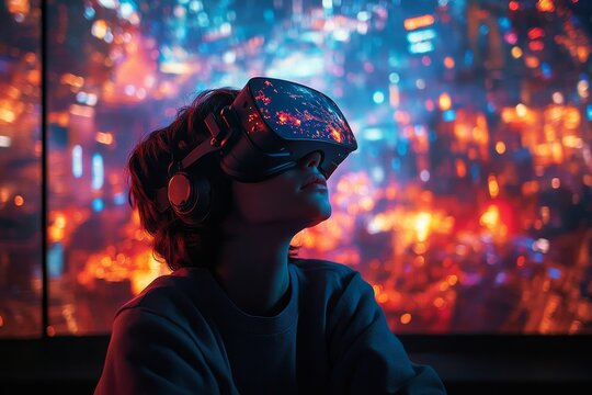 The gamer sits in front of a large screen, colorful explosions and characters from the game fill the room with neon lights. Generative AI