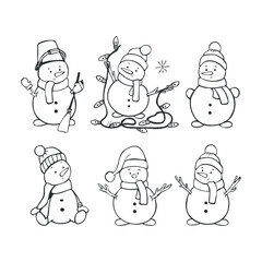 collection of sketches of Christmas snowmen vector illustration. sketch of a snowman with a bucket on his head. cute snowman holding garland vector sketch