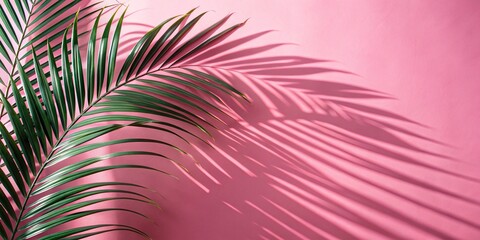 Fototapeta premium Close-up tropical palm frond shadows on pink wall a trendy minimalist representation of summer vibes