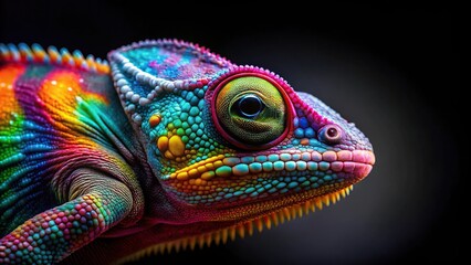Obraz premium Close-up vibrant neon chameleon contrasting against black and white background