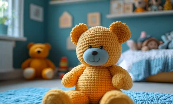 A cozy room featuring a crocheted teddy bear and playful decor.