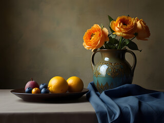 still life with flowers in vase and fruits