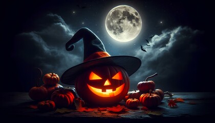 Halloween pumpkin and witch hat in moonlight