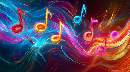 An imaginative depiction of colorful neon musical notes dancing in the air, illuminated by soft light, conveying the harmonious relationship between sound and creativity, with a dreamy atmosphere 
