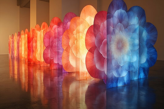 A series of colorful paper flowers are lined up in a row. The flowers are made of paper and are arranged in a way that they look like they are blooming. The colors of the flowers are bright