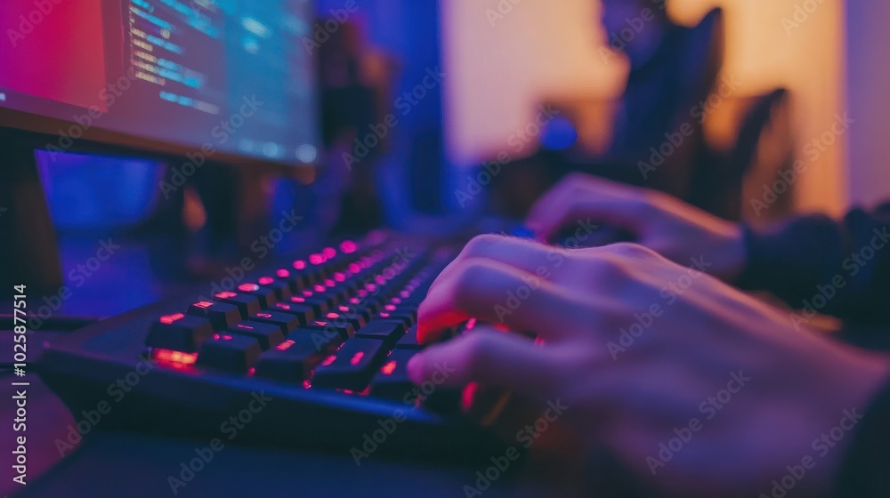 Poster Close-up of Hands Typing on a Backlit Keyboard in a Dark Room
