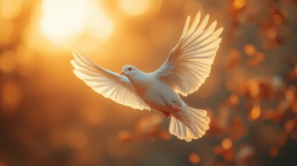 Obraz premium White Dove Flying in the Sky with Open Wings Against a Sunlit Background, Heavenly Light, Photorealistic, High-Resolution Style 