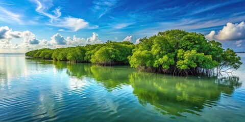 Fototapeta premium Close-up view of lush mangrove forest embracing serene ocean horizon