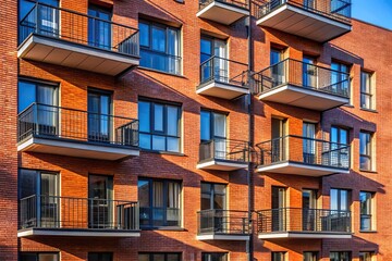 Obraz premium Close-up view of modern red brick apartment building with balconies and sharp shadows