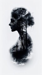 A striking double exposure of a woman's profile merged with a forest landscape, symbolizing the connection between nature and humanity.