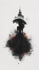 A silhouette of a woman with an umbrella, set against an artistic backdrop featuring a tower, blending elegance and mystery in a watercolor style.