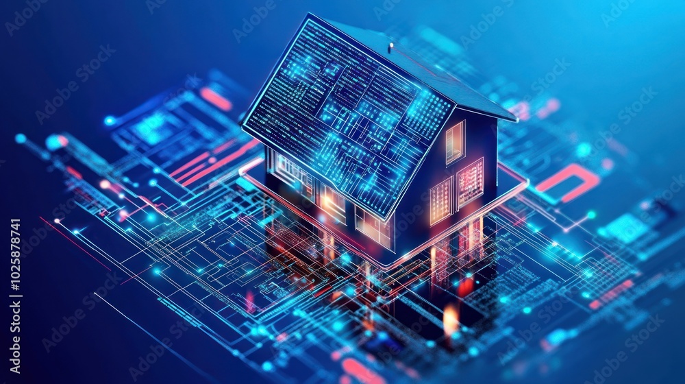 Poster futuristic house connected with circuitry and data