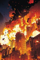 Obraz premium City buildings engulfed in fiery explosion
