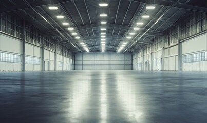 Brightly illuminated large empty warehouse with reflective gray floors and open ceiling, creating a clean and spacious atmosphere